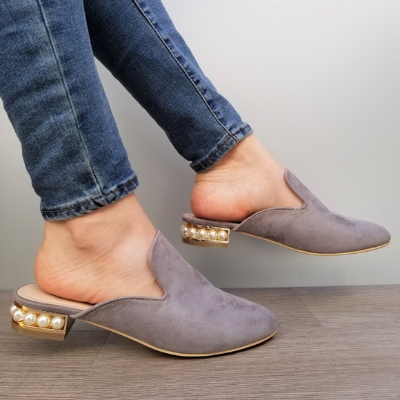 Shoes - Suede Slip On Loafer Mule Pearl Accents on Heel-G